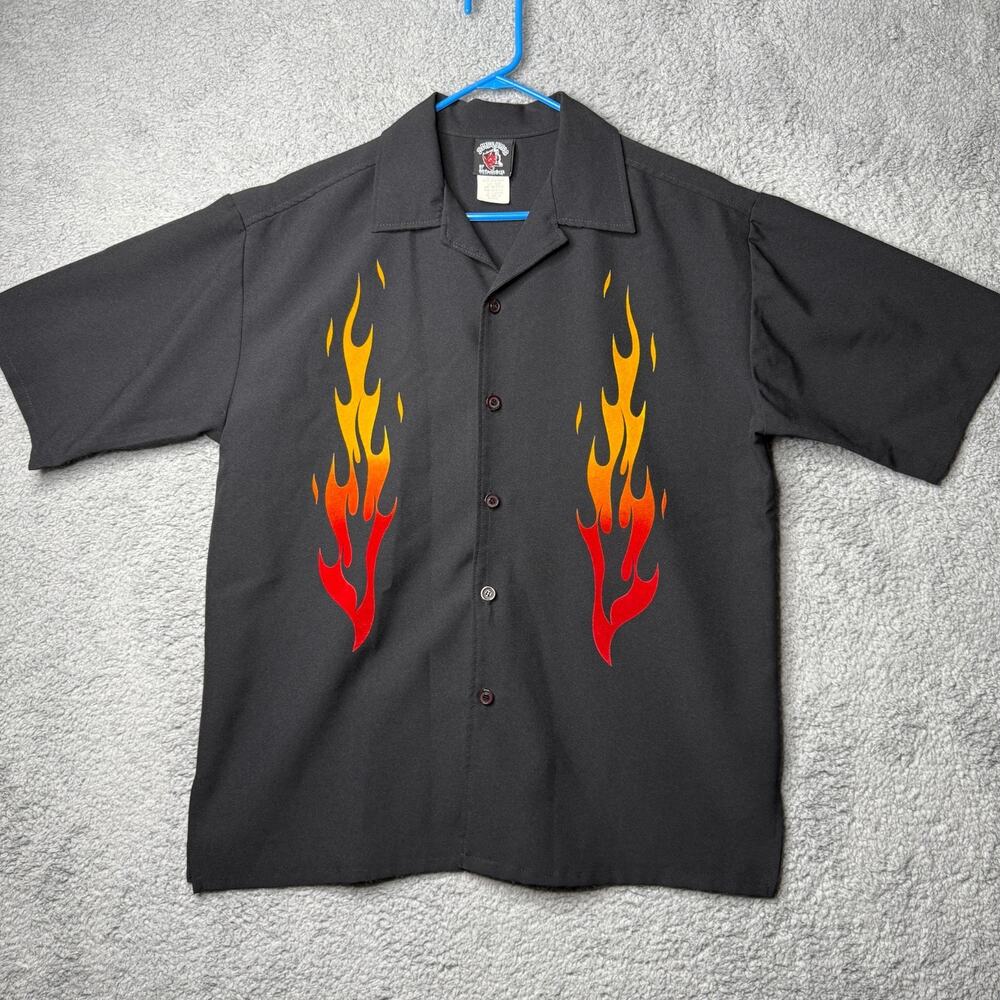 Vintage Flame Shirt Mens XL Black Button Up Y2K After Hours Short Sleeve